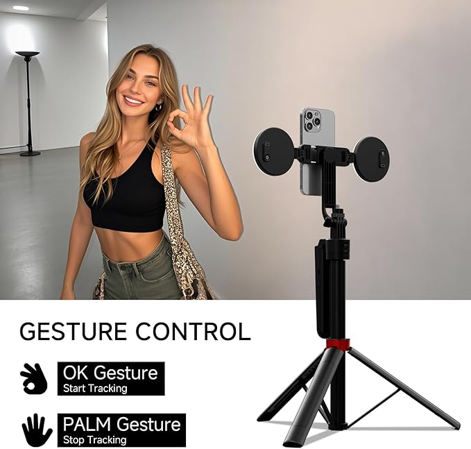 70" Auto Face Tracking Tripod for iPhone, 360 Rotation Travel Selfie Stick Mount with Remote, Gesture Control and Fill Light, Motion Sensor Phone Tripod for Tiktok YouTube Video Vlog Recording