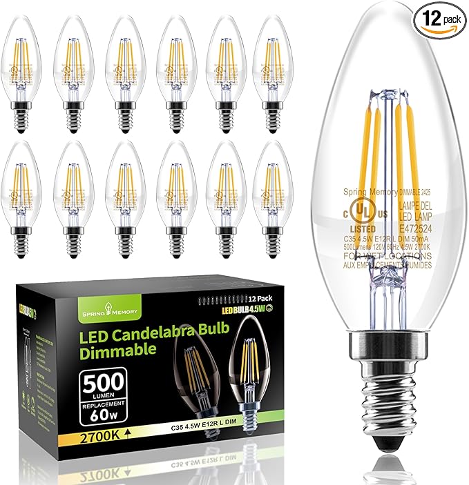 12 Pack E12 Dimmable 60W Equivalent LED Chandelier Light Bulbs, 4.5W Clear 2700K Soft Warm White 500LM B11 Vintage Filament Candle Light
