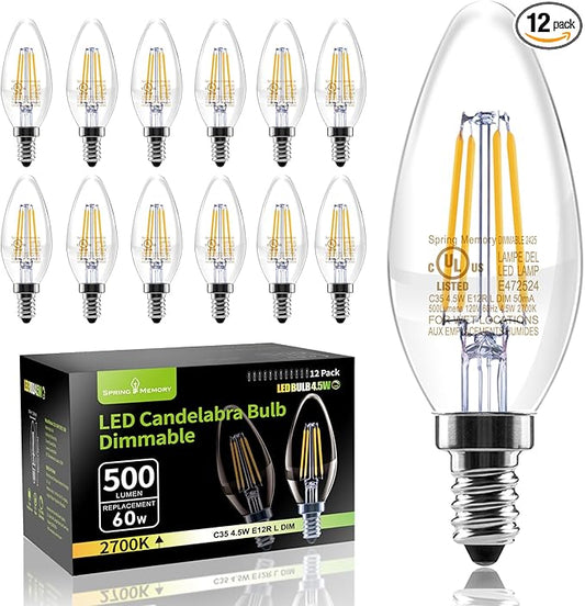 12 Pack E12 Dimmable 60W Equivalent LED Chandelier Light Bulbs, 4.5W Clear 2700K Soft Warm White 500LM B11 Vintage Filament Candle Light