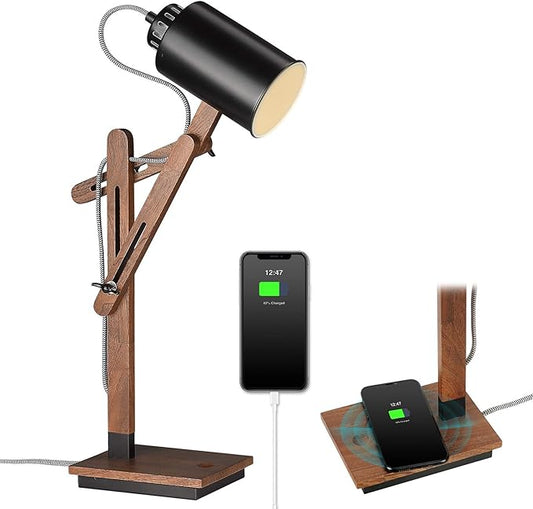 ELYONA Touch Control Desk Lamp with Wireless Charging & USB Port, Sapele Wood Reading Task Light,Adjustable, Swing Arm Table Lamp for Bedroom, Study Work, Office, Dorm, LED Bulb Included, Black