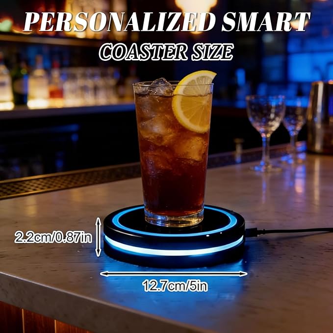 Personalized Smart Coaster with App, Custom Name Smart Coaster, Portable Smart Coaster with Interactive Lighting, Bar Accessories for Bars, Clubs & Home, Gifts for Bartender, Drinking Lover