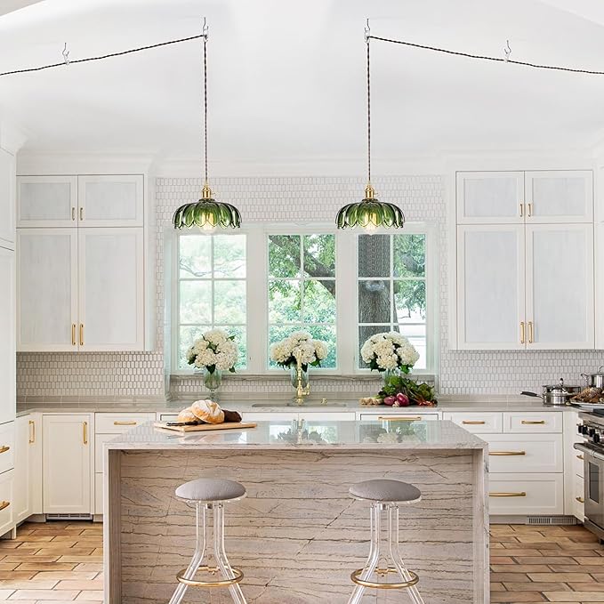 Plug in Pendant Light Fixtures: Hanging Light Plug in Green Glass Hanging Lamp, Pendant Lighting for Kitchen Island, Bedroom, Dining Room, Living Room, E26 No Bulb
