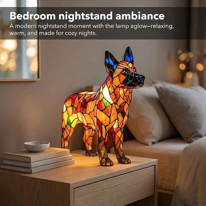 Rainbow Puppy Lamp Stained Glass Dog Night Light 3D Retro Stained Resin Rainbow Pup Lights Charge Powered Table Lamp Puppy Glow Lamps for Home Bedroom Desk (D)