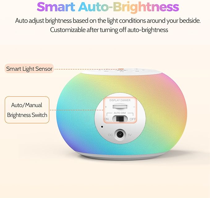 Reacher Auto-Dimmable Alarm Clock Sound Machine with Night Light, 20 Soothing Sounds, Auto-Off Sleep Timer, Precise 30-Level Volume, Small White Noise Machine for Adults, Bedrooms