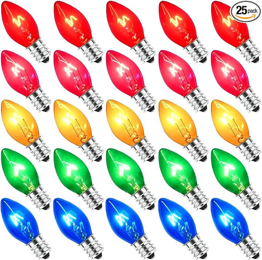 C7 Christmas Replacement Bulbs, 25 Pack Clear Multicolor Light Bulbs for E12 Candelabra Base Outdoor/Indoor String Lights, 5 Watt