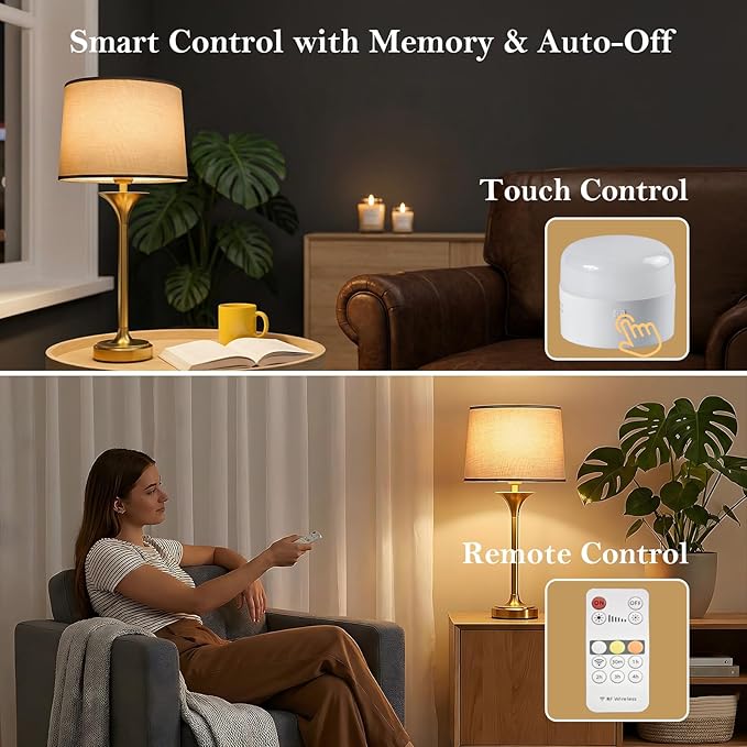 Mid Century Modern Cordless Table Lamp Set of 2, Gold Glam Table Lamp with Tapered Fabric Shade, Classic Elegant Table Lamp for Living Room Bedroom Entryway Console, Detachable Magnetic Bulb, 10000mAh
