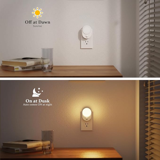 JandCase LED Motion Sensor Night Light, 2 Pack, Motion Activated Sensor Night Lights Plug into Wall, 3000K Warm White, Dimmable Nightlight with Dusk to Dawn Sensor for Kids Bathroom Hallway Bedroom