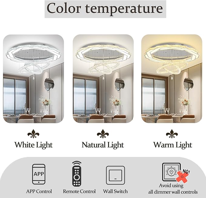 Flashing God Extra Large Chandelier Dia 55" Chrome Chandeliers Flush Mount Chandelier for Living Room Bedroom Dining Room Hallway Dimmable 3 Rings Chandeliers