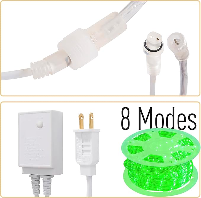 Waterproof LED Rope Lights, Connectable & Flexible with 8 Modes, Outdoor Lighting for Deck, Garden, Pool, Patio & Christmas Decor (Green, 100ft)
