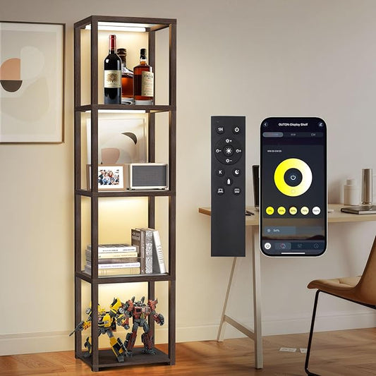 OUTON 67" Glass Display Shelf with Dimmable LED Floor Lamp, Collectibles Display Cabinet with Remote & App Control, 5 Tier Open Bookshelf Lamp for Living Room, Bedroom, Office, Home Decor, Walnut