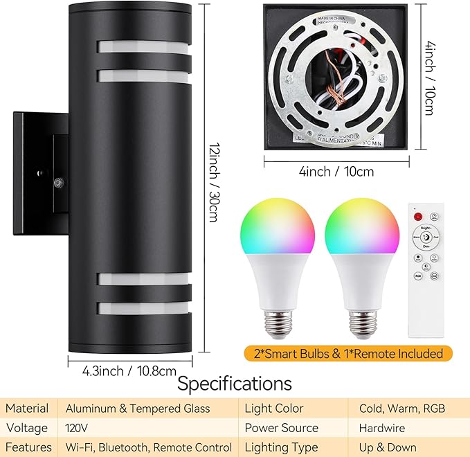 Smart Porch Lights RGBCW Outdoor Wall Lights, Modern Dusk to Dawn Outdoor Light Fixture Color Changing Up and Down Lighting, Waterproof Sconce Compatible with Alexa Google Assistant