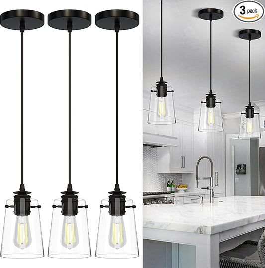 Pendant Lights Kitchen Island, Modern Industrial Pendant Light Fixtures with Glass Shade, E26 Socket Adjustable Cord for Dining Room, Bedroom, Living Room, Farmhouse Pendant Lighting 3Pcs