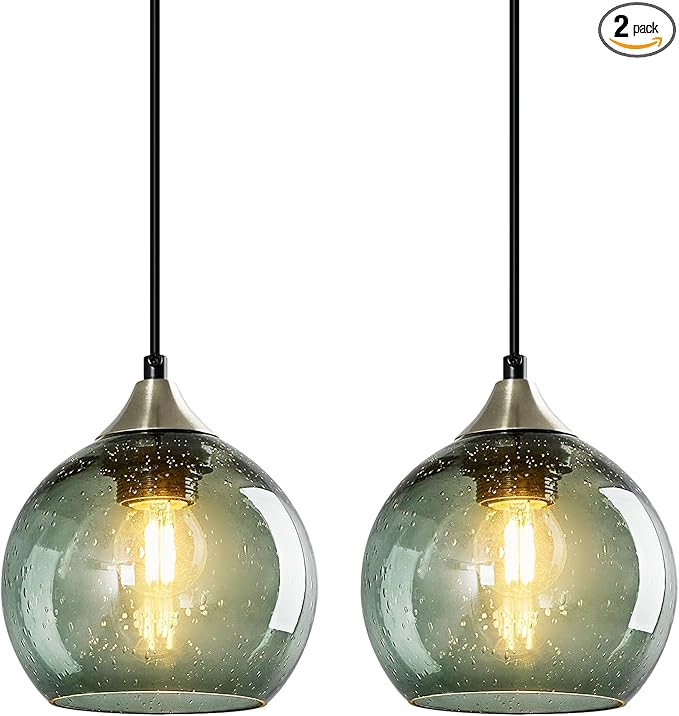 Gray Green Glass Pendant Lights Kitchen Island Lighting Globe Pendant Light Fixtures Modern Pendant Lighting for Kitchen Island Bedroom Living Dining Room Light Fixture(5.9in, 2-Pack)