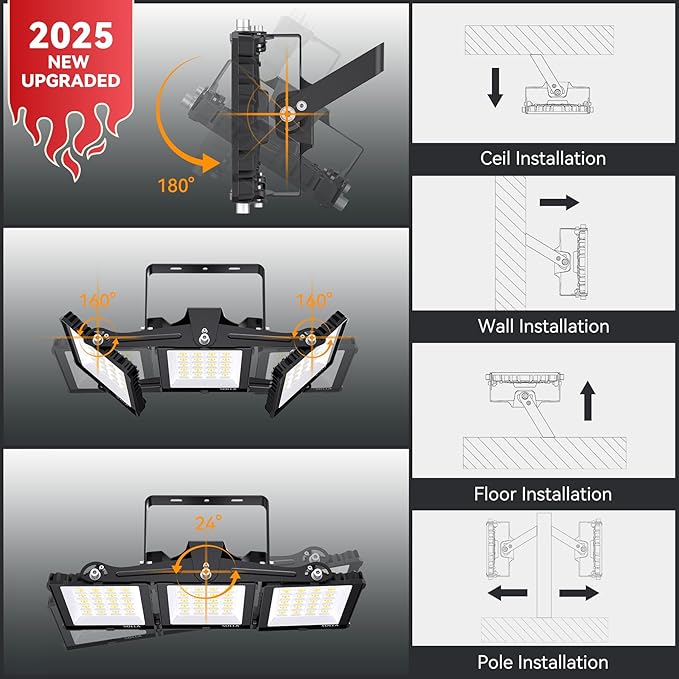 300W 2024 Plus New Upgraded LED Outdoor Flood Light, 30000LM 6000K Daylight White IP66 Waterproof, Stadium Lights, 3 Heads Adjustable Outdoor Floodlight Security Lights for Yards, Patios, Street