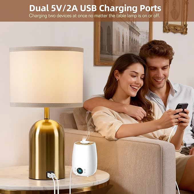 GyroVu Touch Control Table Lamps Set of 2, Gold Bedside Table Lamps for Bedroom Living Room Office, Modern Dimmable Desk Lamp for Nightstand with 2 USB Charging Ports, 2 Bulbs Included