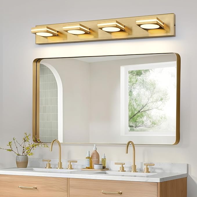 OKELI 4-Light LED Bathroom Vanity Light Fixtures, Gold Modern Bathroom Wall Lighting Fixtures Over Mirror (3CCT, 3000K-6000K)