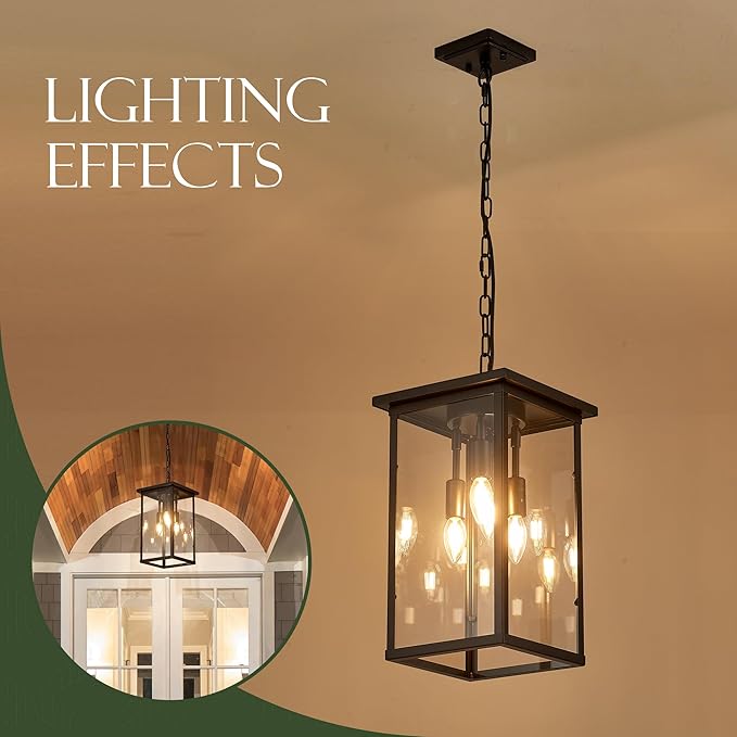 10" Modern 4-Light Exterior Black Square Lantern Pendant Light Fixture with Clear Glass Industrial Hanging Cage Chandelier for Outdoor Porch Kitchen Island Dining Room Hallway Entryway Foyer