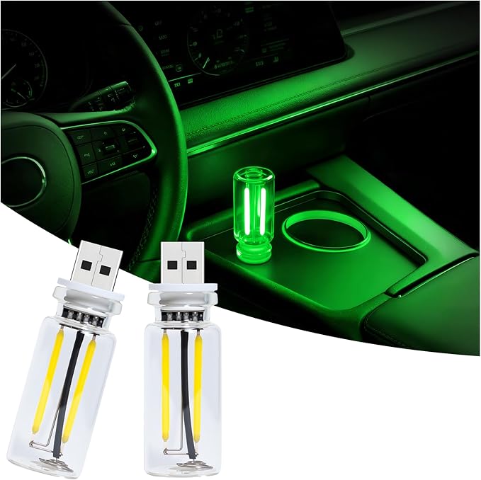 Car USB Night Light Touch Dimmable - 2-Pack Retro LED Filament Lamp for Truck Interior, Bedroom & Camping | Glass Bottle Ambiance Lighting (Green)