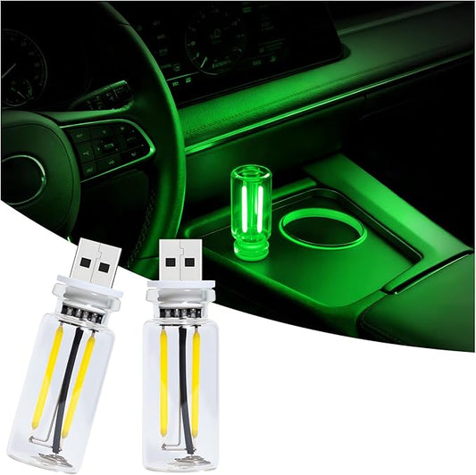 Car USB Night Light Touch Dimmable - 2-Pack Retro LED Filament Lamp for Truck Interior, Bedroom & Camping | Glass Bottle Ambiance Lighting (Green)