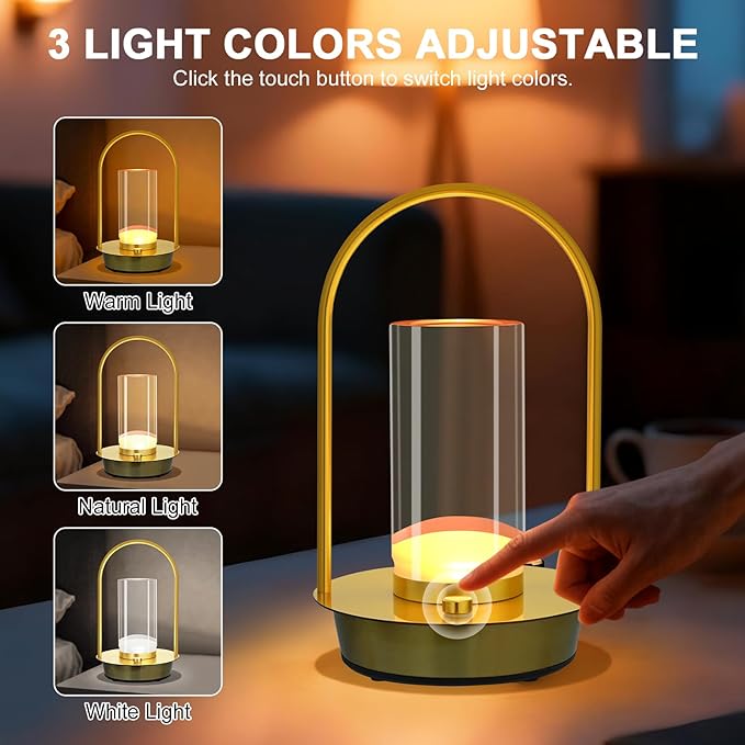 Cordless Table Lamp - Portable Lumisom Crystal Lantern with Touch & 3 Color Dimmable, Rechargeable Small Battery Powered Desk Lamp, Kiyagi Crystal Lantern for Bedroom Bedside Patio Camping Bar (Gold)