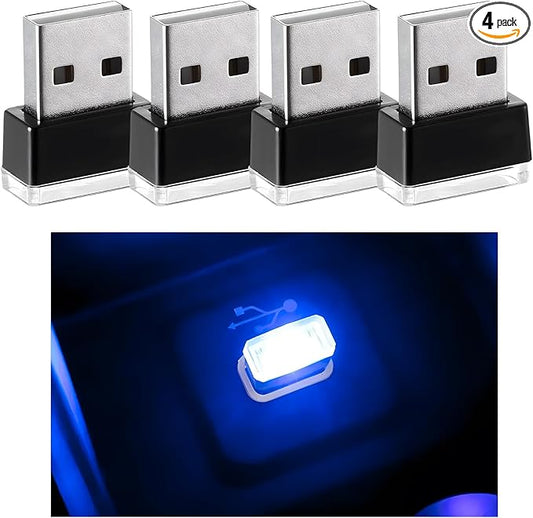 4 PCS USB LED Car Interior Atmosphere Lamp, Mini Night Light Plug-In Trunk Ambient Lighting Kit, Portable USB Interface LED Lamp Interior Decoration for Vehicle Home Office (Blue)