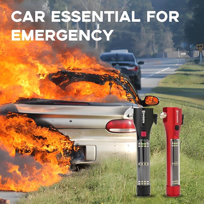 SINSEN Car Safety Hammer Flashlight, Tactical Emergency Rescue Tool, LED High Lumens Rechargeable Solar Powered Escape Kit, Window Glass Breaker and Seatbelt Cutter, Self Defense Multi-Function Torch