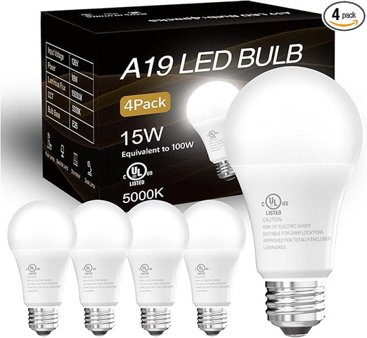dalattin 4 Pack LED Bulbs Daylight White 5000K, 100 Watt Equivalent A19 Standard Bulbs, E26 Base, 1500 LM, Efficient 15W Energy Saving, Non-Dimmable, 80+ CRI, 120V, UL Listed, for Living Room, Office