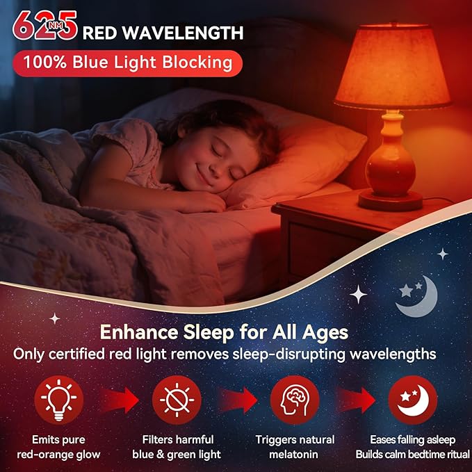 Neporal 625nm Red Light Bulb for Sleep, 100% Blue Light Blocking Bulb for Melatonin Promote, A19 LED 9W 60W Dim Red Night Bulb for Baby Nursery, Sleep, Read, Bedroom 1PK (White When Off, Red When on)