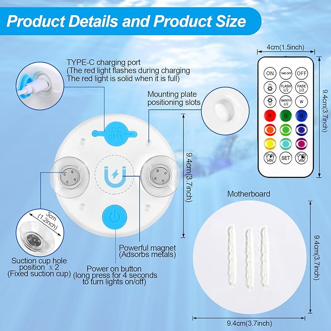 Rechargeable Submersible Led Lights: Pool Lights with Remote IP68 Waterproof 16 Color Changing Floating Bathtub Light with Magnet for Pond Hot Tub Christmas Decoration 1Pack