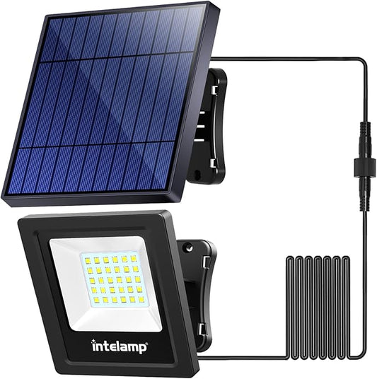 intelamp Solar Lights Outdoor, 4400mAh Solar Powered Flood Lights, Security Floodlight Dusk to Dawn Auto On/Off IP65 Waterproof for Wall Porch, Balcony, Yard, Garage Barn, Garden, Lawn