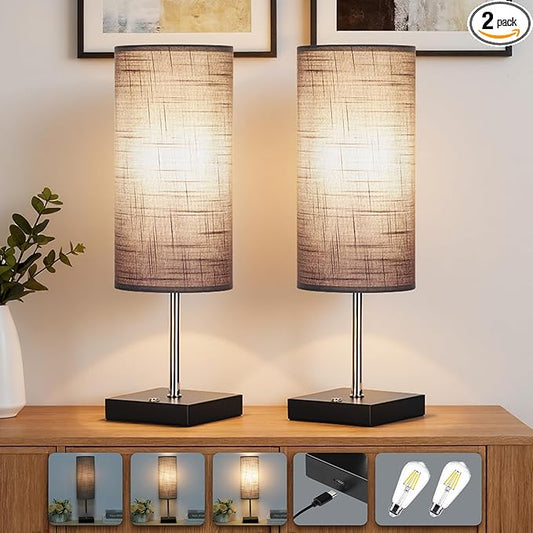 18Inch Cordless Lamp Table Lamps set of 2, 5000mAh Rechargeable Beside Table Lamp for Living Room, 2700K Battery Operated Small Bedroom Desk Lamp for Night Stand Grey Shade for Home（Bulb Included）