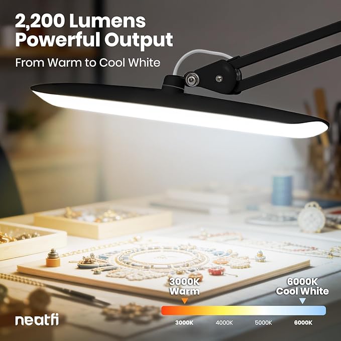 Neatfi XL LED Desk Lamp with Clamp, 2200 Lumens, 20W, 20-Inch Wide Head, Dimmable 4 Brightness Levels, 3 Color Modes 3000K–6000K, Task Light for Home Office, Crafts, Workbench (CCT, Black)