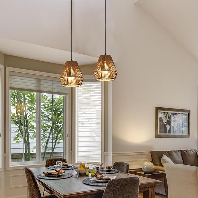 2 Packs Rattan Pendant Lights 7” Boho Woven Kitchen Chandeliers Modern Bohomian Mini Ceiling Hanging Light Fixtures for Farmhouse, Bedroom, Dining Room, Island, Bar, Foyer Hallway