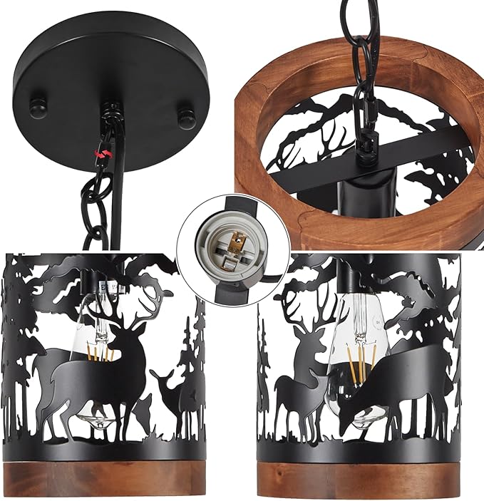 Rustic Deer Pendant Light, 1-Light Farmhouse Wood and Metal Cage Chandelier, Adjustable Hanging Ceiling Fixture for Kitchen Island, Hallway, Bar, Dining Room, Foyer, or Bedroom, (No Bulb Included)