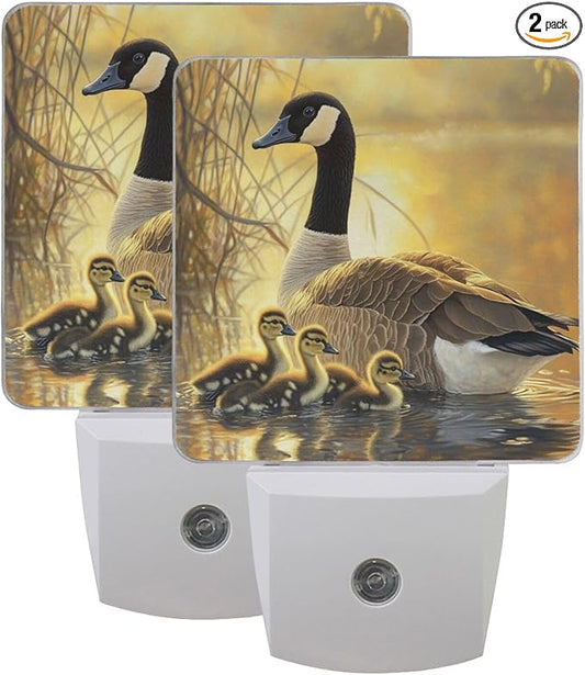 Canada Geese and Goslings Night Light 2 Pack Dusk to Dawn Sensor Led Lamp for Women Men Night Lights Plug into Wall Decor for Bedroom Kitchen Bathroom Corridor, 0.5W