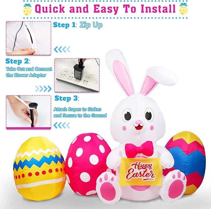 OurWarm 6 FT Easter Inflatables Outdoor Decorations Bunny and 3 Colorful Eggs, Build-in LED Lights Blow Up Yard Decorations for Easter Decor, Home Holiday Party Indoor, Outdoor, Garden, Lawn Decor