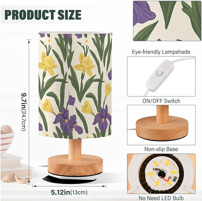 Purple Irises Yellow Daffodils Retro Floral Bedside Table Lamps with USB Port for Bedroom Lamp Small Nightstand Lamp Sturdy Linen Shade Wooden Decorative Lamps for Nursery Kids Reading Dorm Home