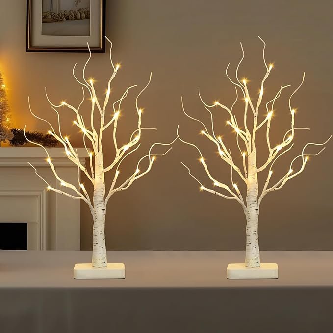 EAMBRITE Birch Tree with Led Lights, White Christmas Tree, Lighted Mini Small Artificial Tree Lamp Prelit Twig Trees Timer Battery Operated for Table Centerpiece Easter Home Decorations Indoor 2Pack