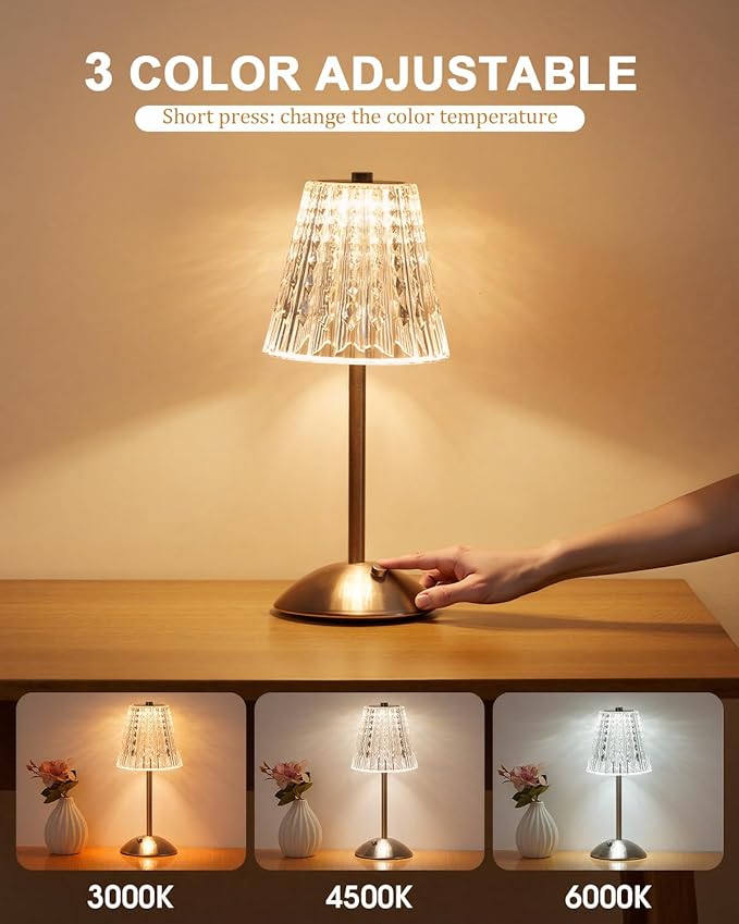 Cordless Touch Table Lamp, LED Rechargeable Small Dask Lamp, 3 Colors Dimmable Battery Operated Crysta Lamp for Bedroom Restaurant Kitchen Home Decor, Gold, 2pcs (2, Silvery)