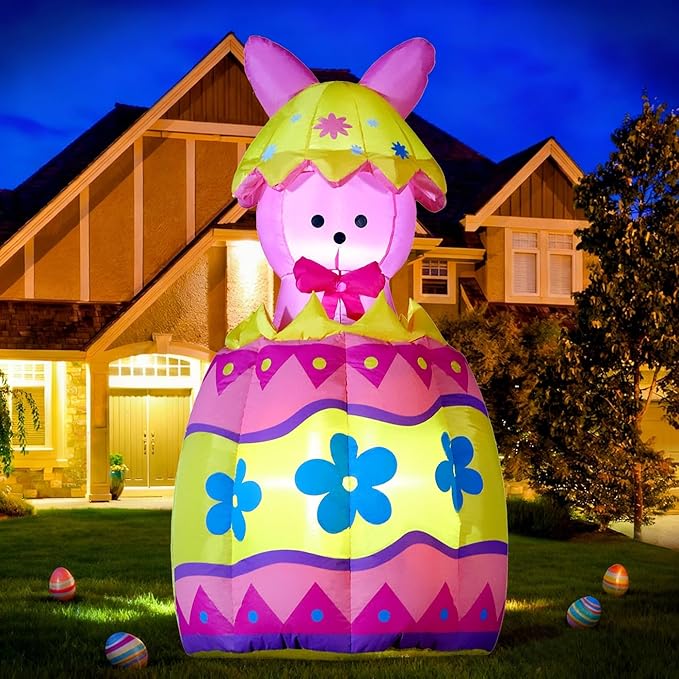 Domkom Up & Down 5.3FT Tall Easter Inflatable Bunny Outdoor Decorations, Build-in LED Lights Holiday Blow Up Yard Decoration, for Easter&Spring, Outdoor,Garden, Yard Lawn Décor