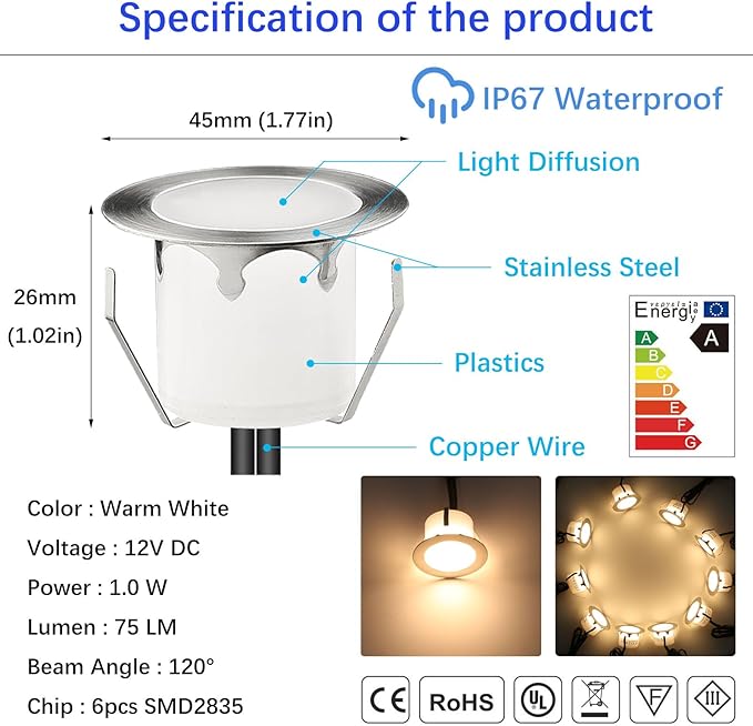 LED Outdoor Deck Lights Kits, Φ1.77in Warm White 20 Pack Silver, Low Voltage 12 Volt DC IP67 Waterproof, Electric Wired Recessed Outside Stair Step Riser Landscape Lighting for Exterior Yard