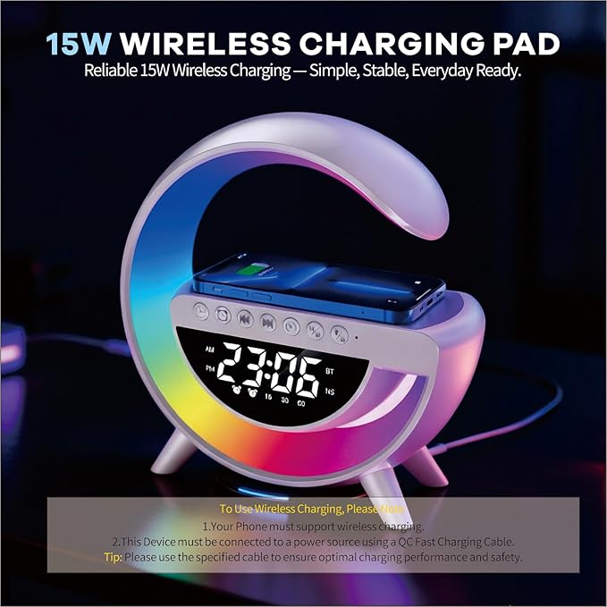 Smart Wireless Charging Table Lamp, Multifunctional Bluetooth Speaker & Alarm Clock - LED Bedside Desk Lamp Night Light for Heavy Sleepers, Superfine Bedroom Home Decoration (Black)
