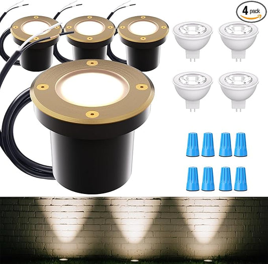 Cheopha Landscape Well Lights, 12V Low Voltage In-Ground Light, Outdoor Ground Lights with Replaceable MR16 LED Bulb 4W Warm White, Weatherproof for Landscape Garden Yard Lighting 4-Pack