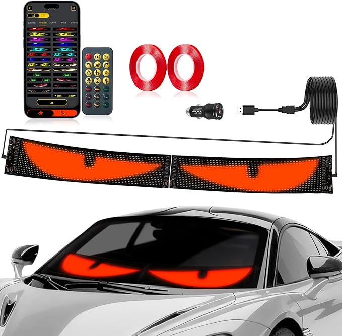 Eyes Led Lights for Cars 2PCS - 14.72x3.62In Customizable Display, USB Powered, App/Remote Control, Synced Dual Screen Led Windshield Eyes for Cars/SUVs/Medium Trucks