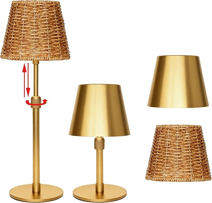 Mr.White Outdoor Waterproof Rechargeable Cordless Table Lamp with Telescopic Pole & Wicker Shade, 5200mAh Battery Operated Table Light with Touch Control, for Patio Restaurant Kitchen (Gold 2 Pack)