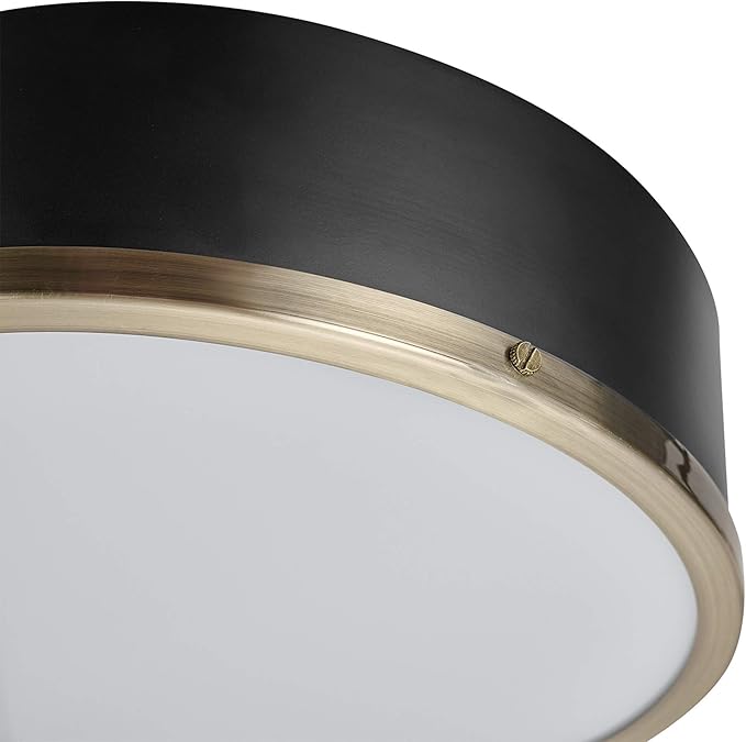 GLOBE Electric 60309 2-Light Flush Mount Ceiling Light, Matte Black, Antique Brass Accents, Frosted Glass Shade, Bedroom Lighting Fixtures Ceiling, Dining Room Fixture, Lighting for Hallway