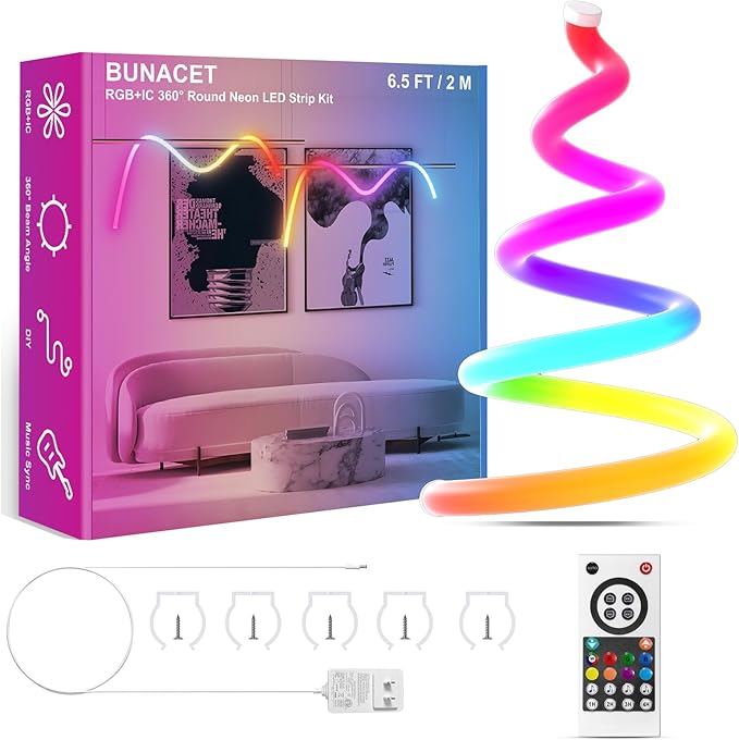 6.5FT 360 Degree Round RGB IC Neon LED Strip Light Kit with Controller & DC 24V Power Supply Flexible IP65 Waterproof 216LEDS/M Silicone Soft Rope lights for Home Decor Kitchen Bedroom Living room