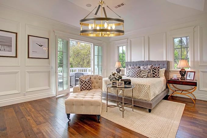 Farmhouse Ceiling Chandelier,24 Inch Antique Bronze Aluminum Black Leather Belt Trim Modern Rustic Hanging Pendant Ceiling Light Fixture for Living Room, Dining Room, Bedroom, Kitchen