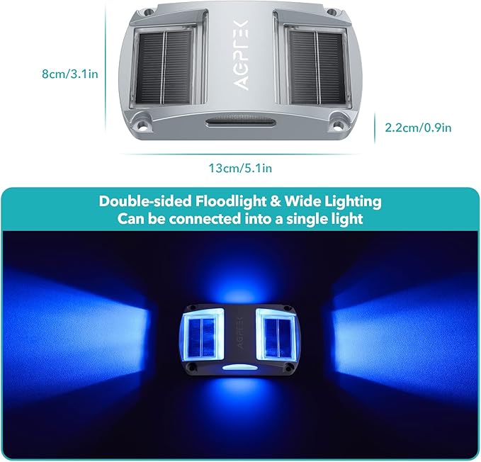 AGPTEK Solar Driveway Lights 1 Pack, Outdoor Deck Dock Marine LED Solar Powered Waterproof Driveway Marker Lights for Warning Step, Sidewalk, Pathway, Garden, Yard (Blue Light)