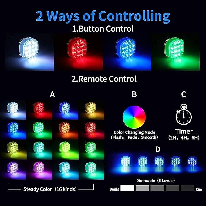 Homly Rechargeable LED Pool Lights for Inground Pool, Above Ground Pool Lights Waterproof Pool Underwater Lights Submersible Led Lights with 16 Colors, Remote, Huge Suction Cup, Magnetic, 4-Pack